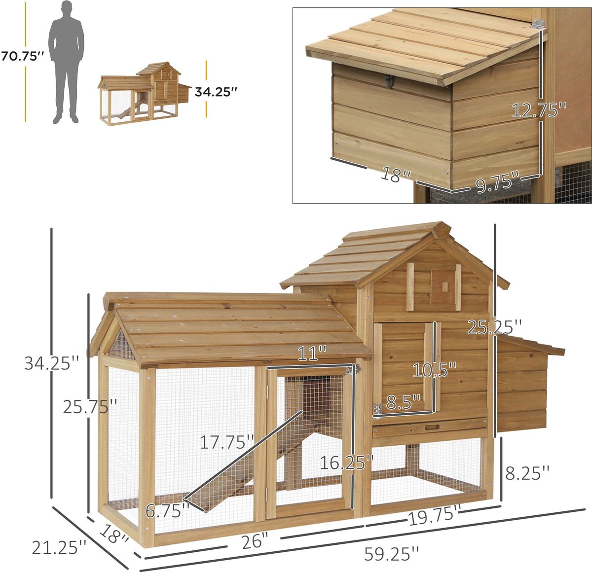 PawHut Nesting Box Wooden Chicken Coop， Hen House and Rabbit Hutch