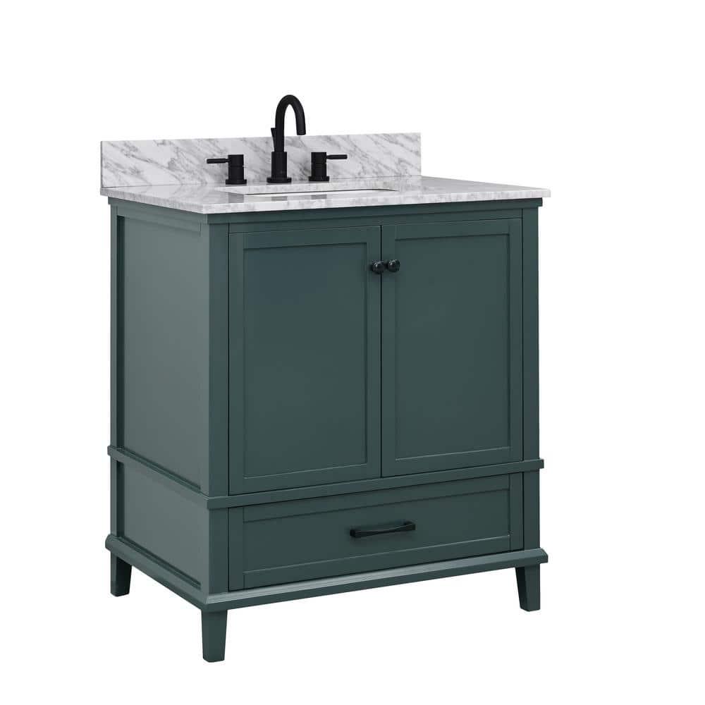 Home Decorators Collection Merryfield 31 in W x 22 in D x 35 in H Bathroom Vanity in Antigua Green with Carrara White Marble Top