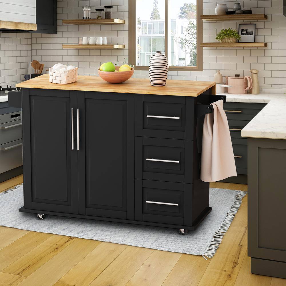 FAMYYT Black Rolling Solid Wood Tabletop 43 in. Kitchen Island with Drop-Leaf Countertop XJ-75763BK-L