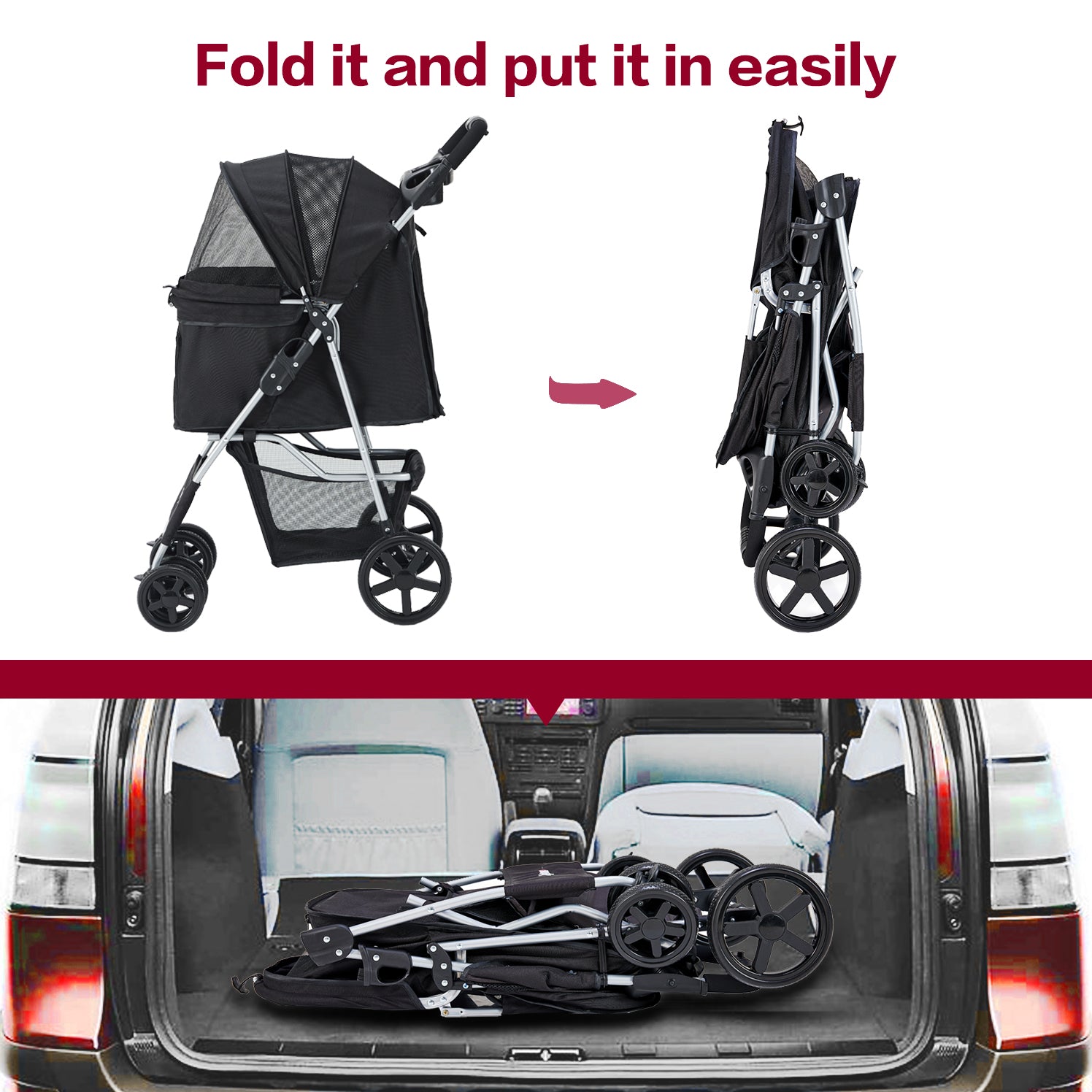 Pet Stroller 3 Wheel Cat and Dog with Storage Basket Foldable Lightweight Trolley-Black