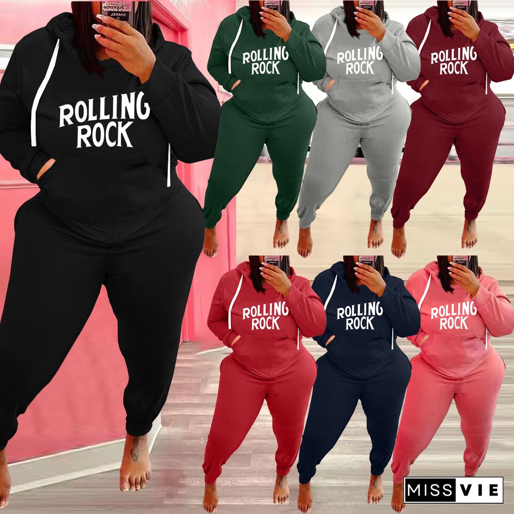 Plus Size Letter Print Hooded Sweatshirt And Pants Suit