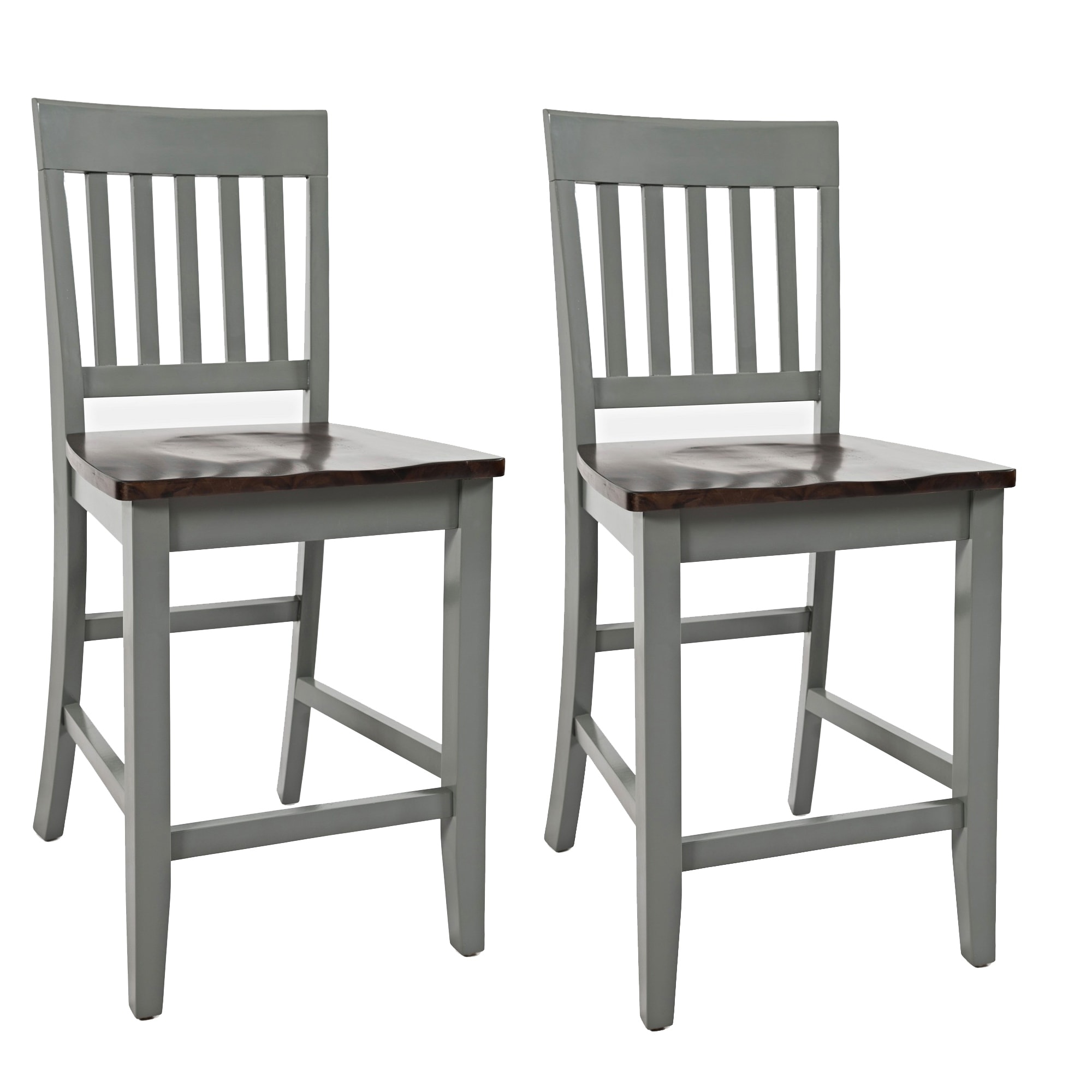 Counter Stool with Slatted Back， Set of 2， Gray and Brown