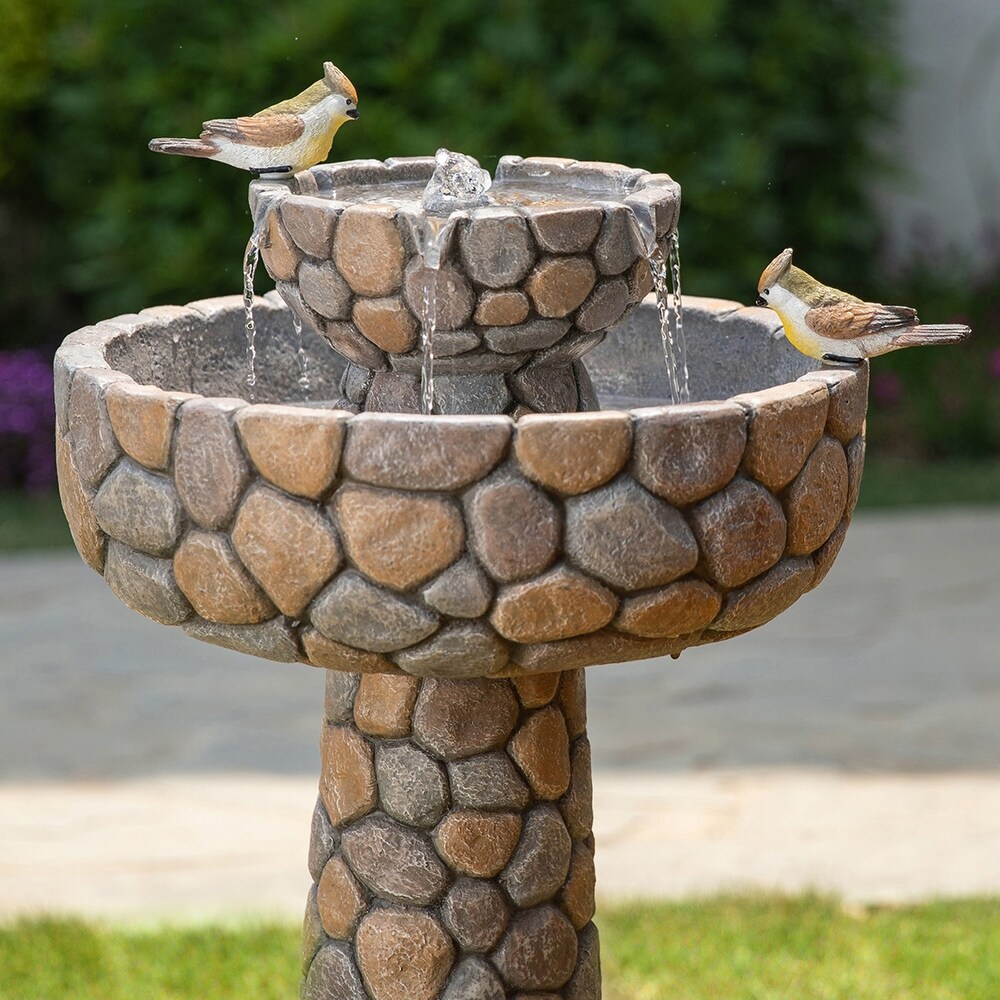 Glitzhome 24.5 inch Outdoor 2 tier Faux Pebbles Polyresin Birdbath Fountain with Pump