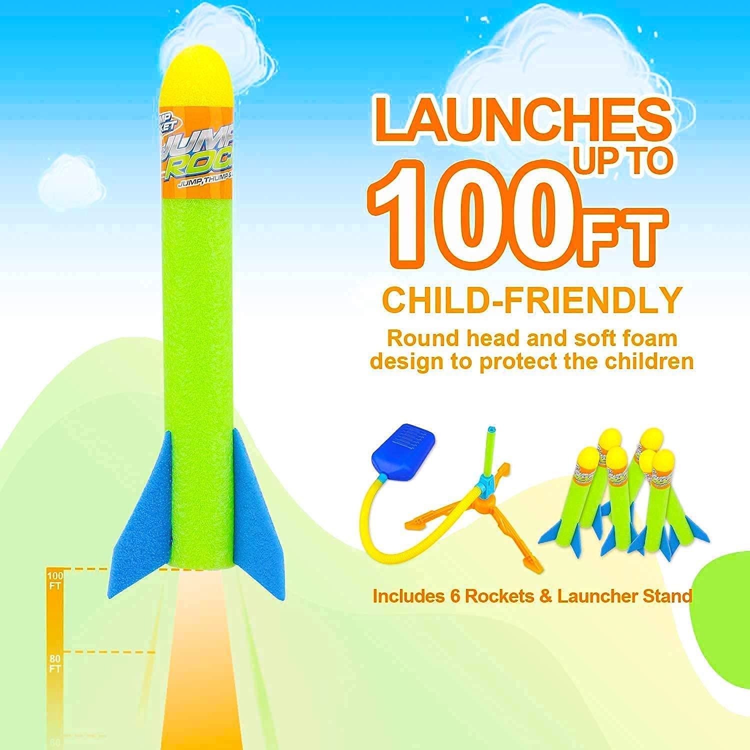 TOY Life Toy Rocket Launcher for Kids with 6 Foam Rockets Refills Air Rocket Launcher for Kids 3-5 Shoots up to 100 feet Outdoors Outside Toys Gifts for Boys 3 4 5 6 7 Year Old