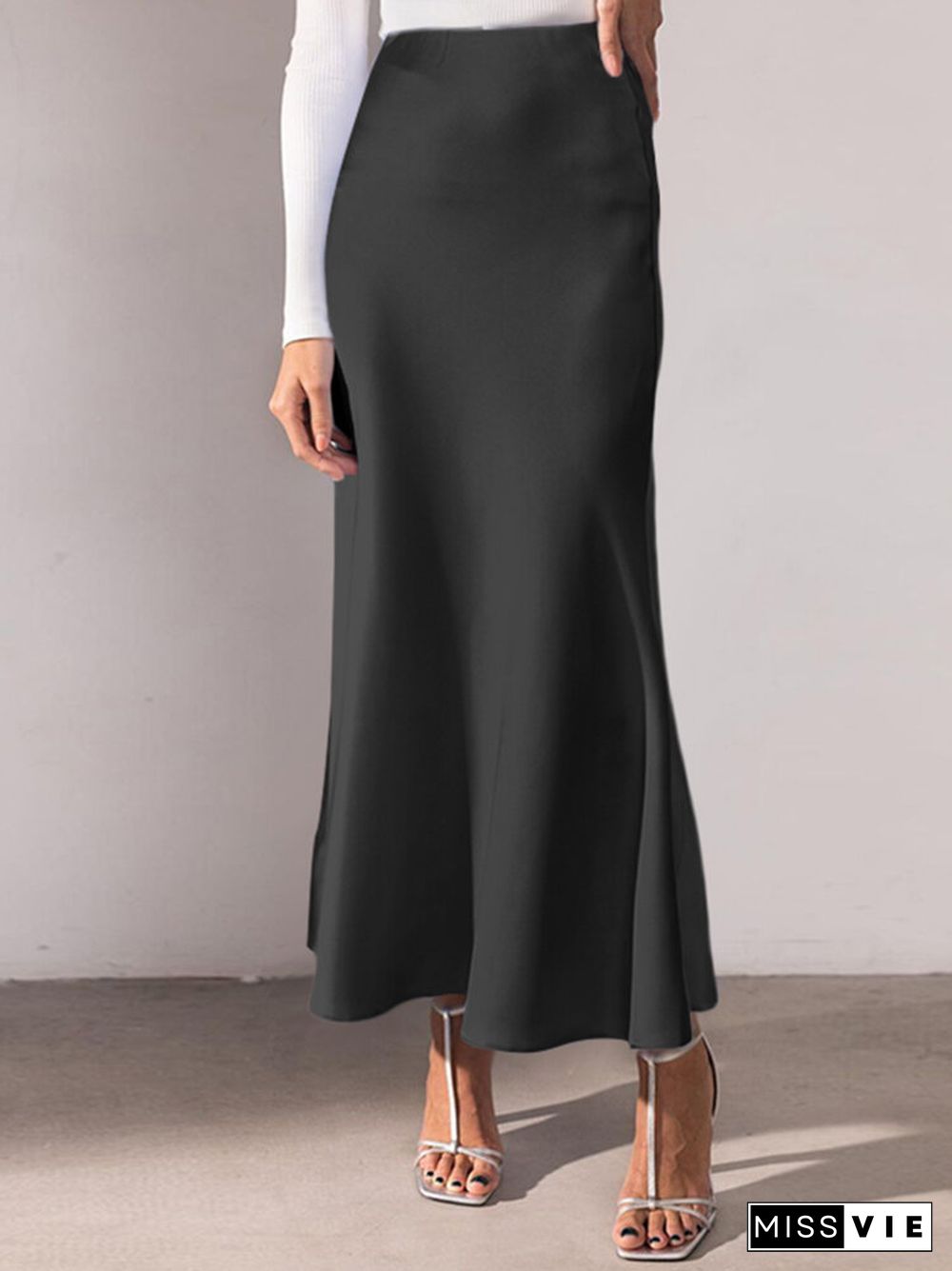 Solid Color Ruched Ankle Length High Waist Skirt