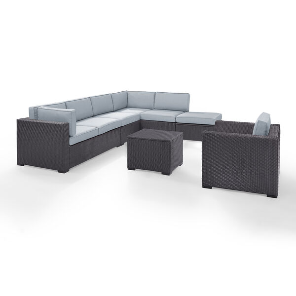 Biscayne 7 Person Outdoor Wicker Seating Set in Mist - Two Loveseats， One Armless Chair， One Arm Chair， Coffee Table， Ottoman