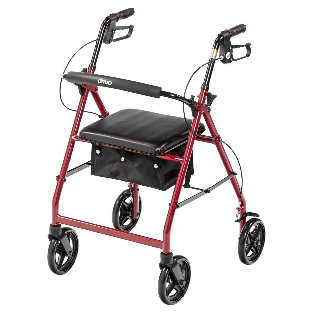 Drive Medical Aluminum Rollator Rolling Walker with Fold Up and Removable Back Support and Padded Seat Red r728rd