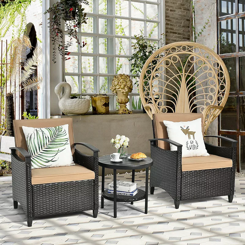 3 Pieces Patio Rattan Furniture Set Cushioned Sofa Storage Table with Shelf Garden