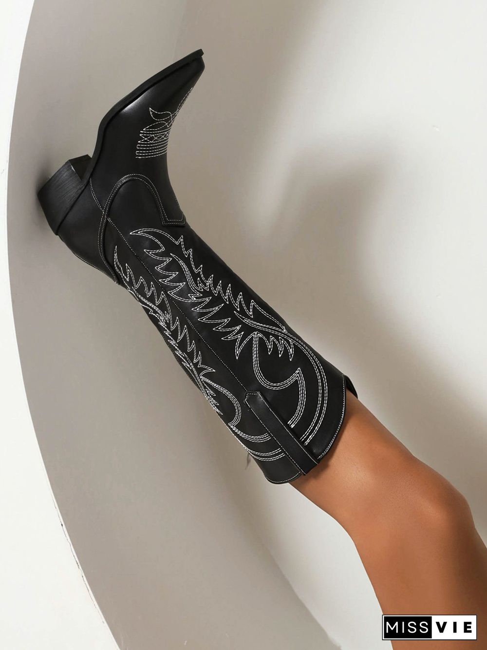 Embroidered Panel Plush Warm Pointed-Toe Cowboy Boots