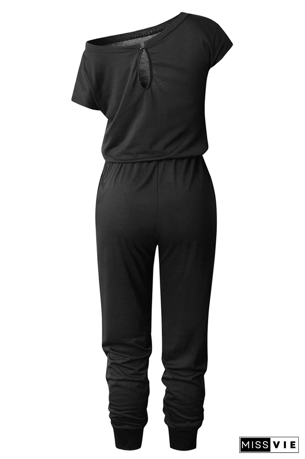 Black Sloping Shoulder Short Sleeve Jumpsuit