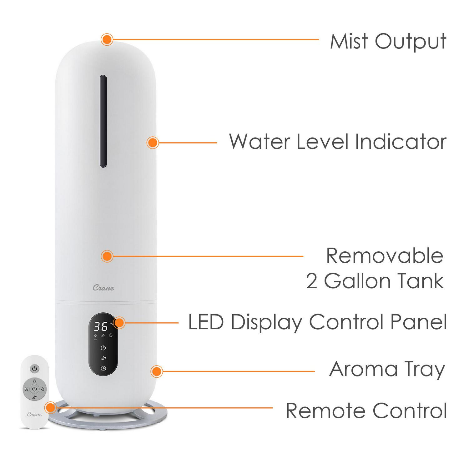 Crane USA Cool Mist Tower Top Fill Humidifier with Remote， 2 Gallons， 500 Sq. ft Coverage， UV Ionizing Light， White