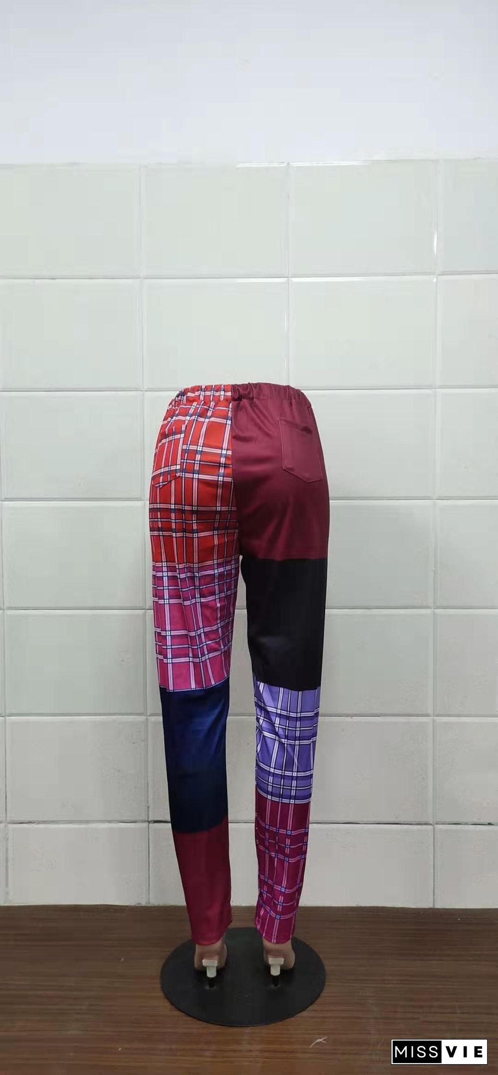 Plaid Print Patchwork Mid Waist Straight-Leg Pants