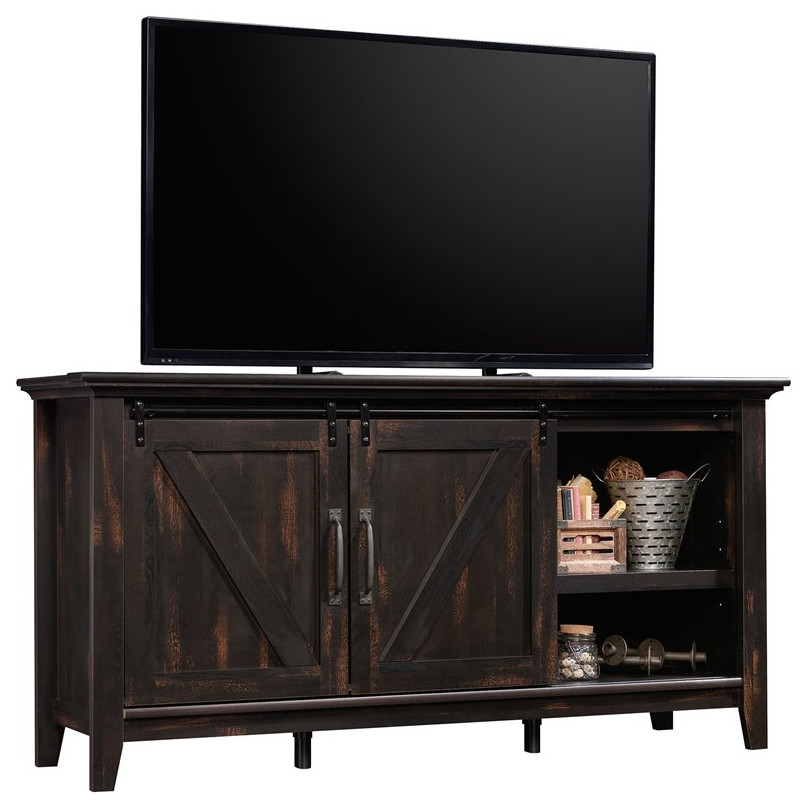 Sauder Dakota Pass Engineered Wood TV Stand in Char Pine/Dark Wood Finish   Farmhouse   Entertainment Centers And Tv Stands   by Homesquare  Houzz