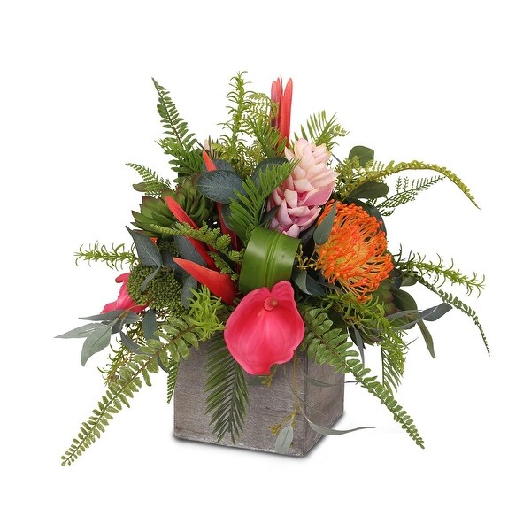 Assorted Tropical Flowers and Greens Silk Flower Arrangement in Pot