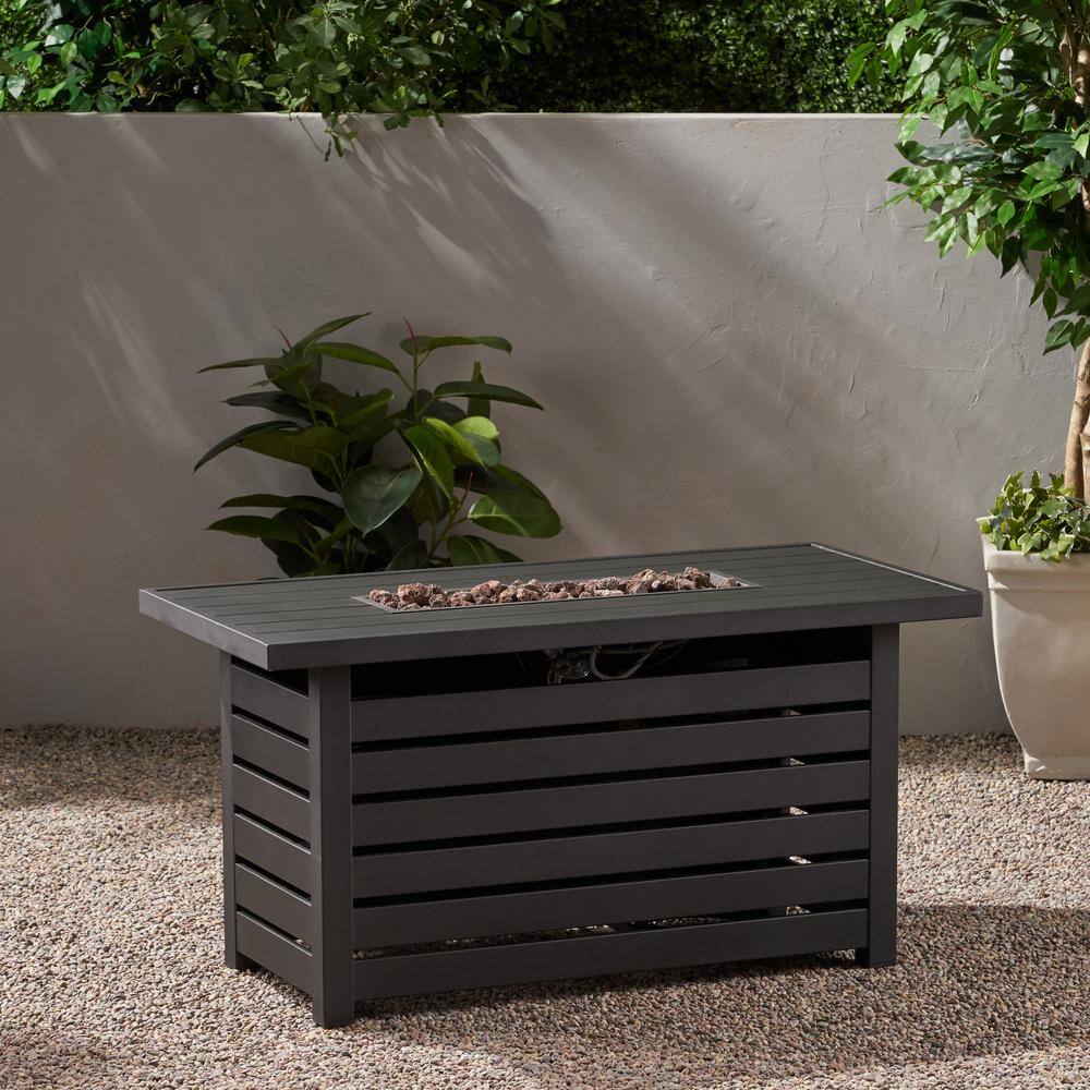 Noble House Rene 47.25 in. W x 24 in. H Outdoor Iron Gas Burning Matte Black Rectangular Fire Pit 69667