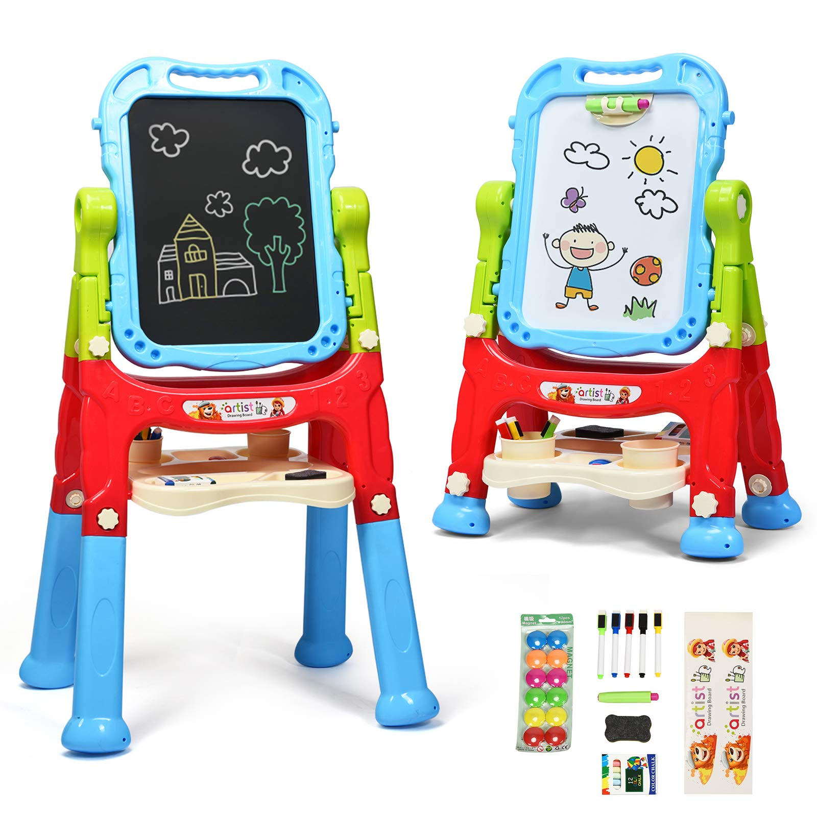 Costzon Art Easel for Kids, Height Adjustable 360 Rotate Double Sided Standing Art Drawing Board w/Chalkboard & Whiteboard