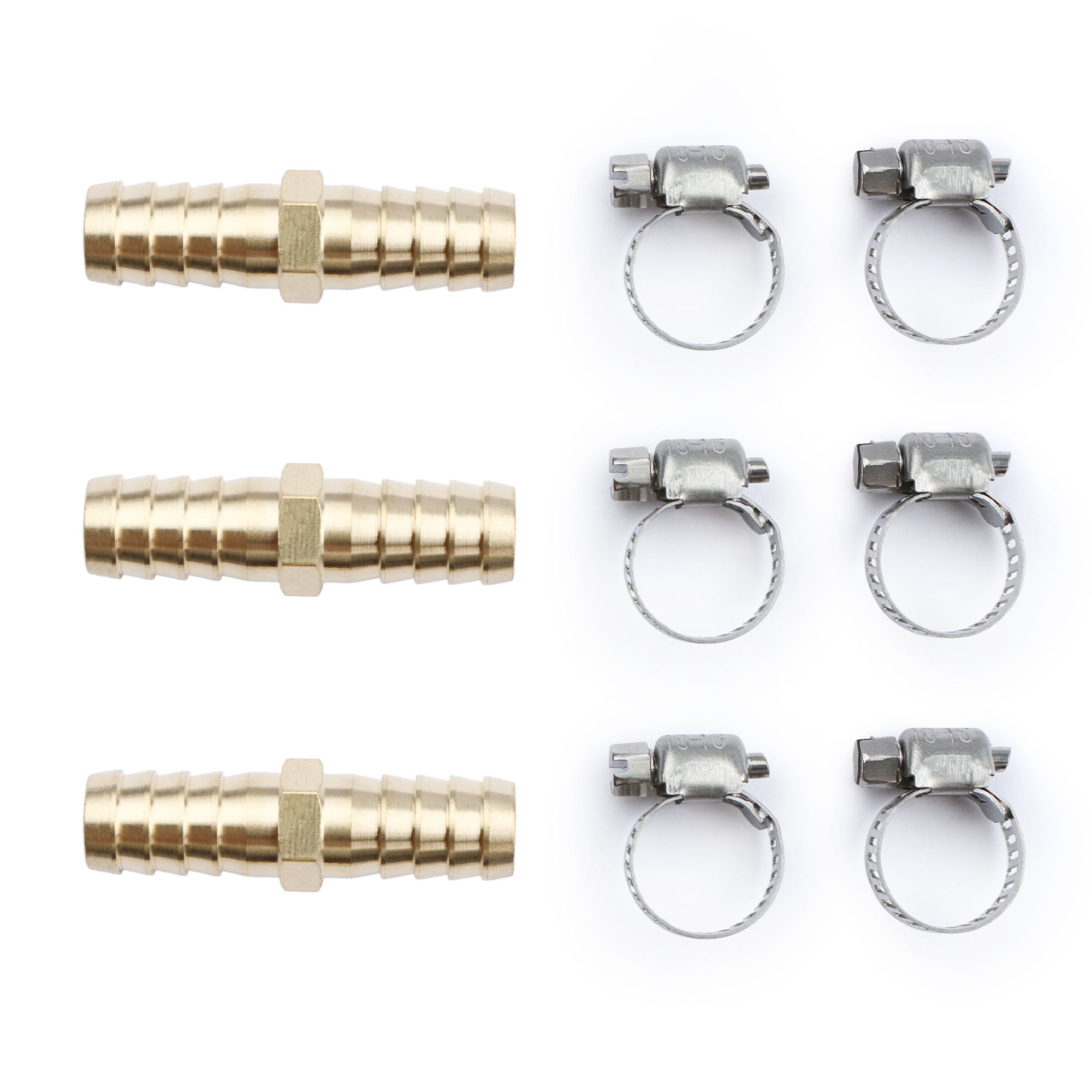 U.S. Solid Brass Hose Barbed Splicer， 3 pcs Round Equal Hose Joint， Brass Hose Fitting Connector， With 6 Clamps， 1/2