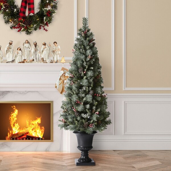 Glitzhome 4ft/5ft/6ft Flocked Pine Christmas Potted Porch Tree With Warm White Lights