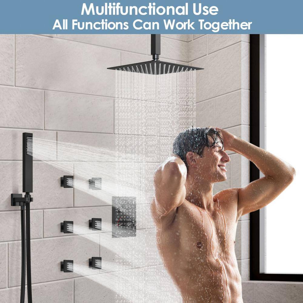 GRANDJOY Multiple Press 7-Spray Ceiling Mount 12 in. Fixed and Handheld Shower Head 2.5 GPM in Matte Black GJSFS1006-BK12