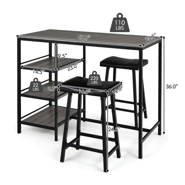 Tangkula 3pc Dining Table Set Pub Bar Table Set 3 Tier Storage Shelves With 2 Pub Stools Upholstered