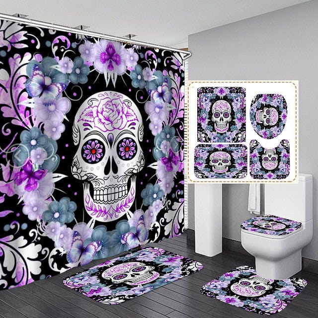 Purple Skull Print Shower Curtain Set With Bath Mat Carpet Toilet Seat Cover