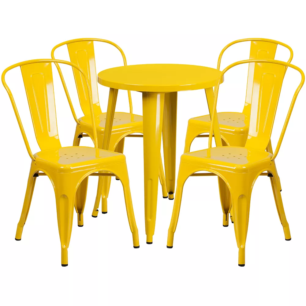 Flash Furniture Commercial Grade 24 Round Yellow Metal Indoor-Outdoor Table and Cafe Chairs 5-Piece Set