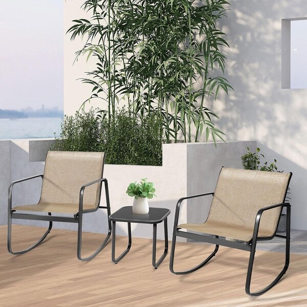 3Piece Outdoor Patio Rocking Chair Bistro Set with Glass Top Coffee Table