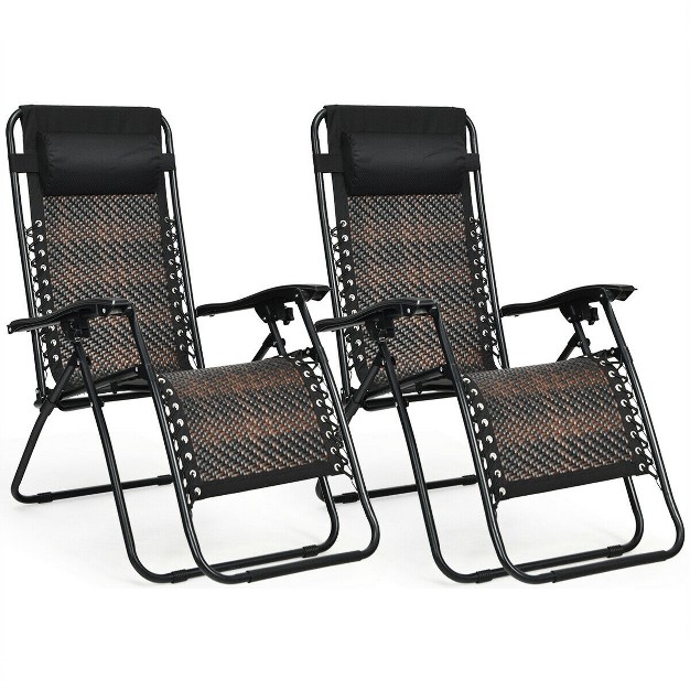 Tangkula 2pcs Mix Brown Folding Recliner Patio Rattan Zero Gravity Lounge Chair W Headrest