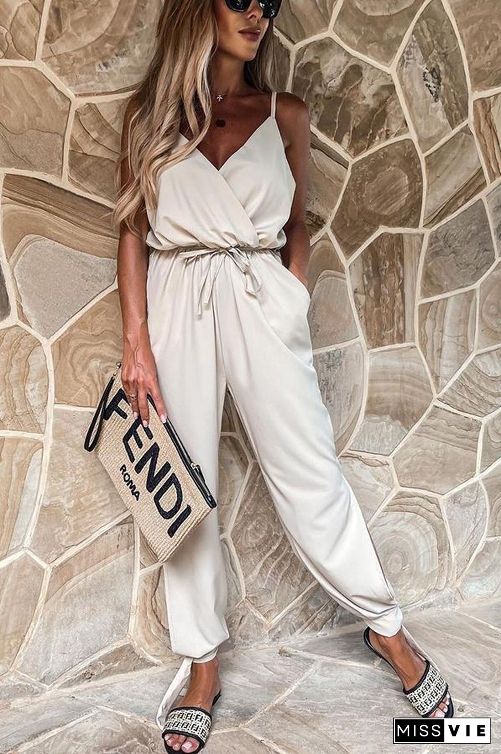 Beyond The Sea Pocketed Satin Wrap Jumpsuit