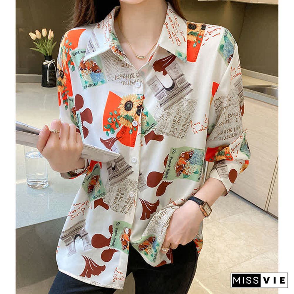 Vintage Floral Letter Print Long Sleeve Chiffon Shirt Workwear