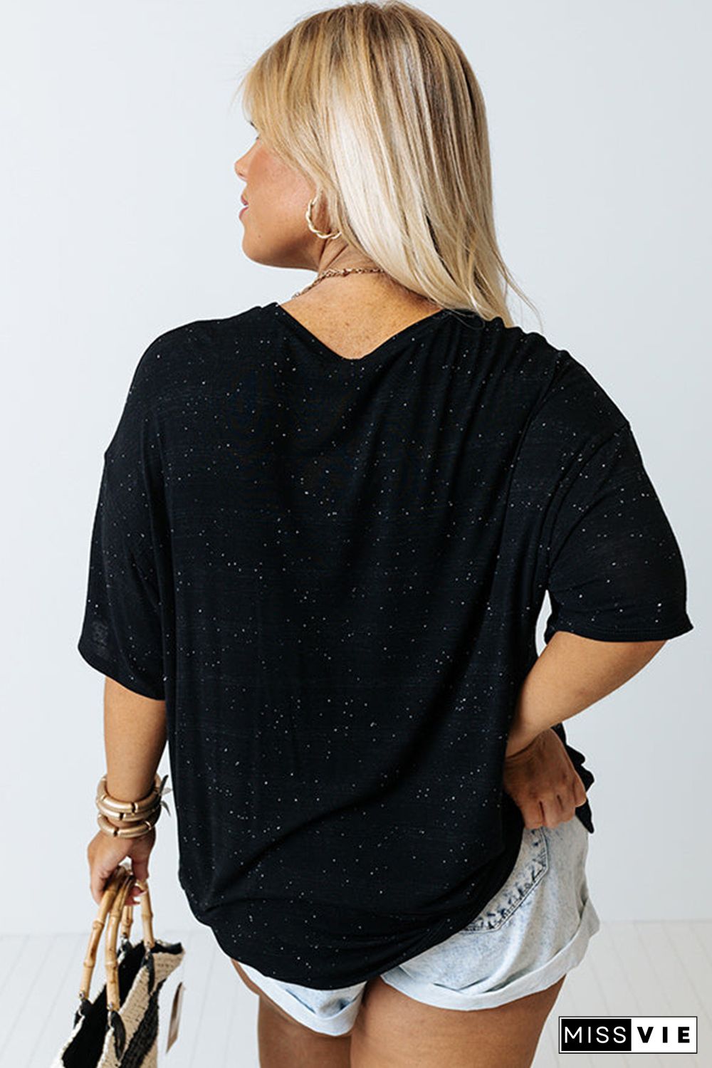 Black Splatter Allover Plus Size Pocketed T-shirt