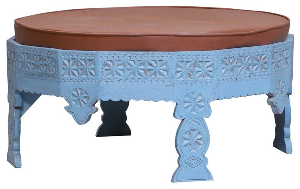 Newington Hand Carved Blue Low Height Round Upholstered Coffee Table   Mediterranean   Coffee Tables   by Sierra Living Concepts Inc  Houzz