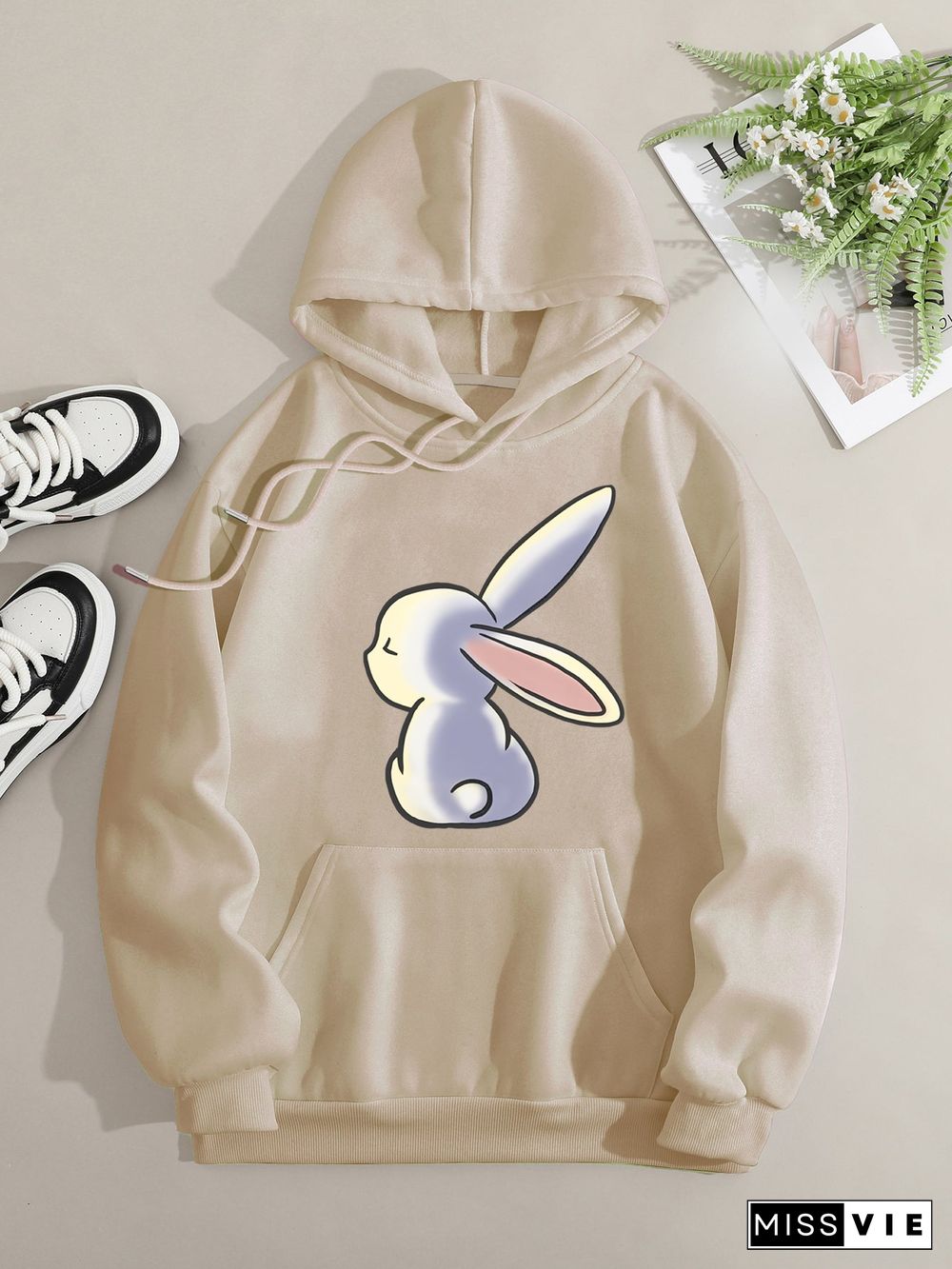 Printed on front Kangaroo Pocket Hoodie Long Sleeve for Women Pattern Unhappy Rabbit