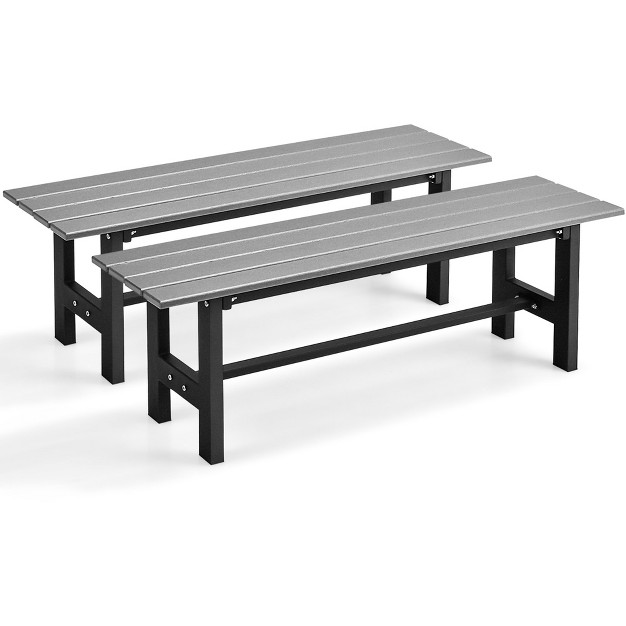 Costway 2pcs Outdoor Hdpe Bench With Metal Frame 47 x27 x27 X 14 x27 x27 X 16 x27 x27 For Yard Garden Brown black gray