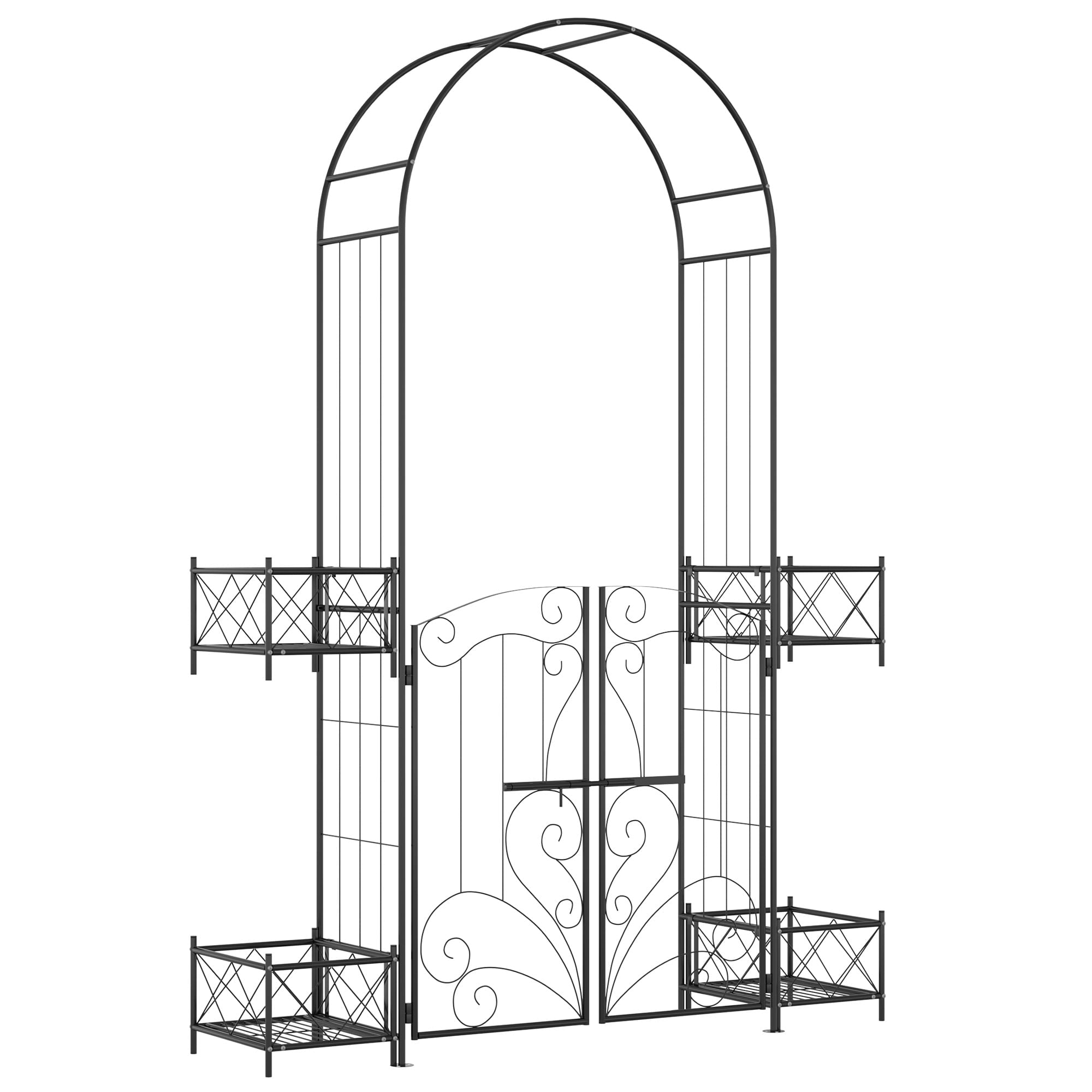 Outsunny 7' Metal Garden Arbor, Garden Arch with Gate, Scrollwork Hearts, Latching Doors, Planter Boxes for Climbing Vines, Ceremony, Weddings, Party, Garden, Backyard, Lawn, Black