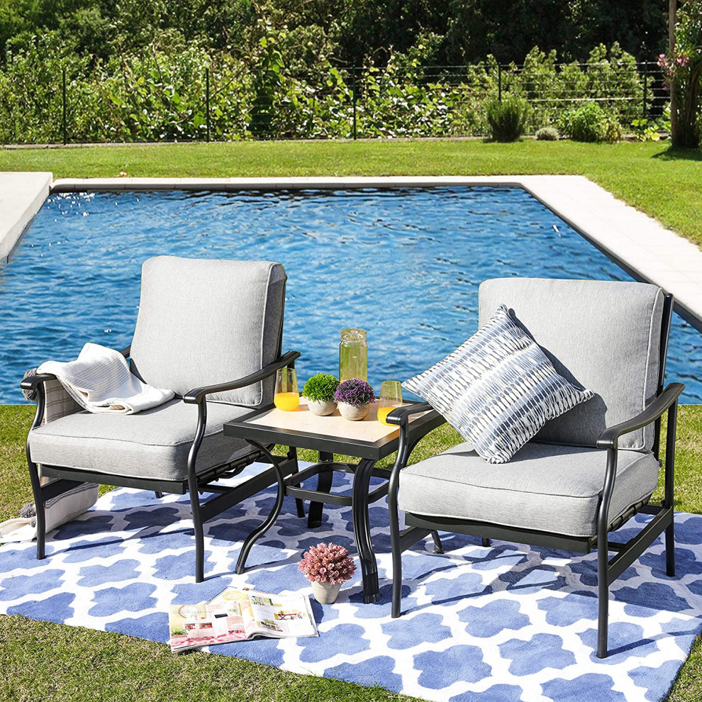 3 Pieces Modern Patio Set  Padded Cushioned Chairs for Extra Comfort  Gray   Tropical   Outdoor Lounge Sets   by Decor Love  Houzz