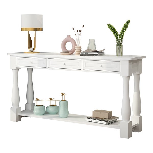 Wood Console Table with Storage Drawers and Bottom Shelf