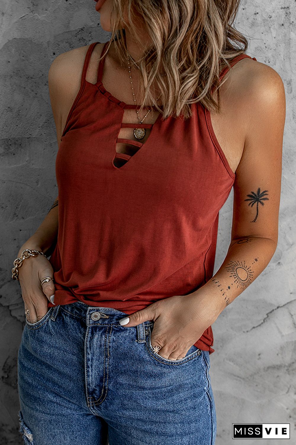 Wine Red Ladder Hollow-out Tank Top