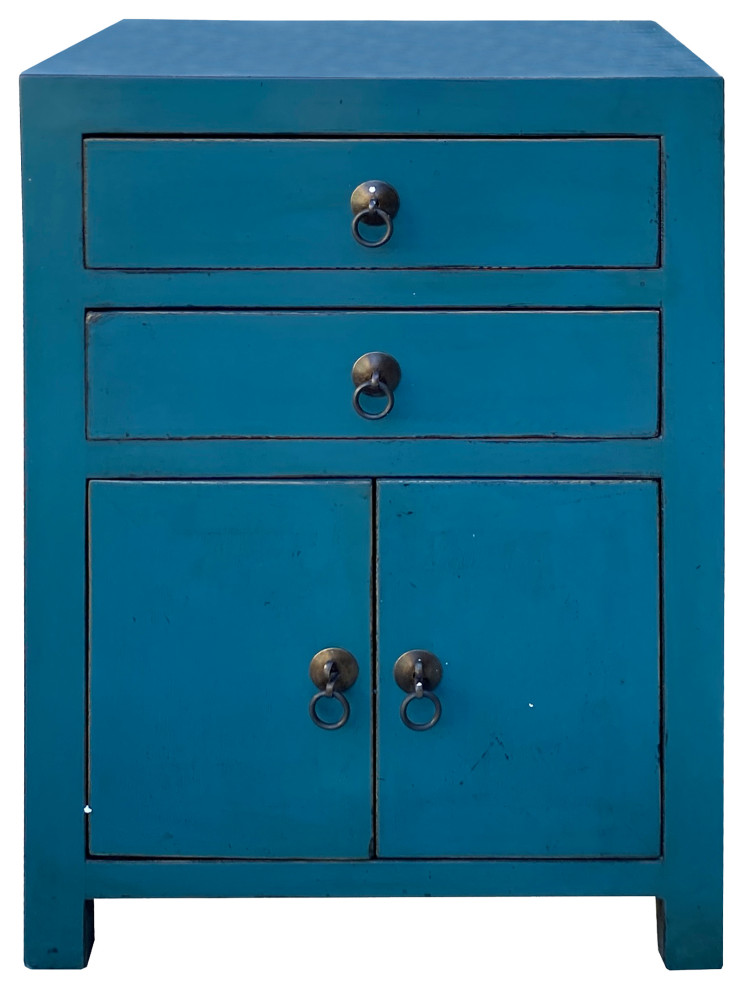 Chinese Distressed Bold Bolection Blue 2 Drawers End Table Nightstand Hcs7424   Asian   Side Tables And End Tables   by Golden Lotus Antiques  Houzz