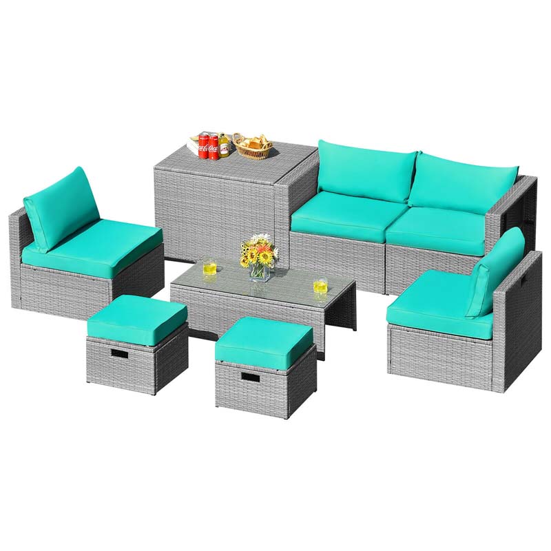 8 Pcs Rattan Patio Sectional Furniture Set Wicker Outdoor Cushioned Sofa Set with Storage Box & Waterproof Cover