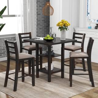 ANBAZAR 5-Piece Espresso Wood Counter Height Dining Table Set 4-Seats Square Table Set with 4 Padded Chairs and 2-Tier Shelves 01668ANNA-P