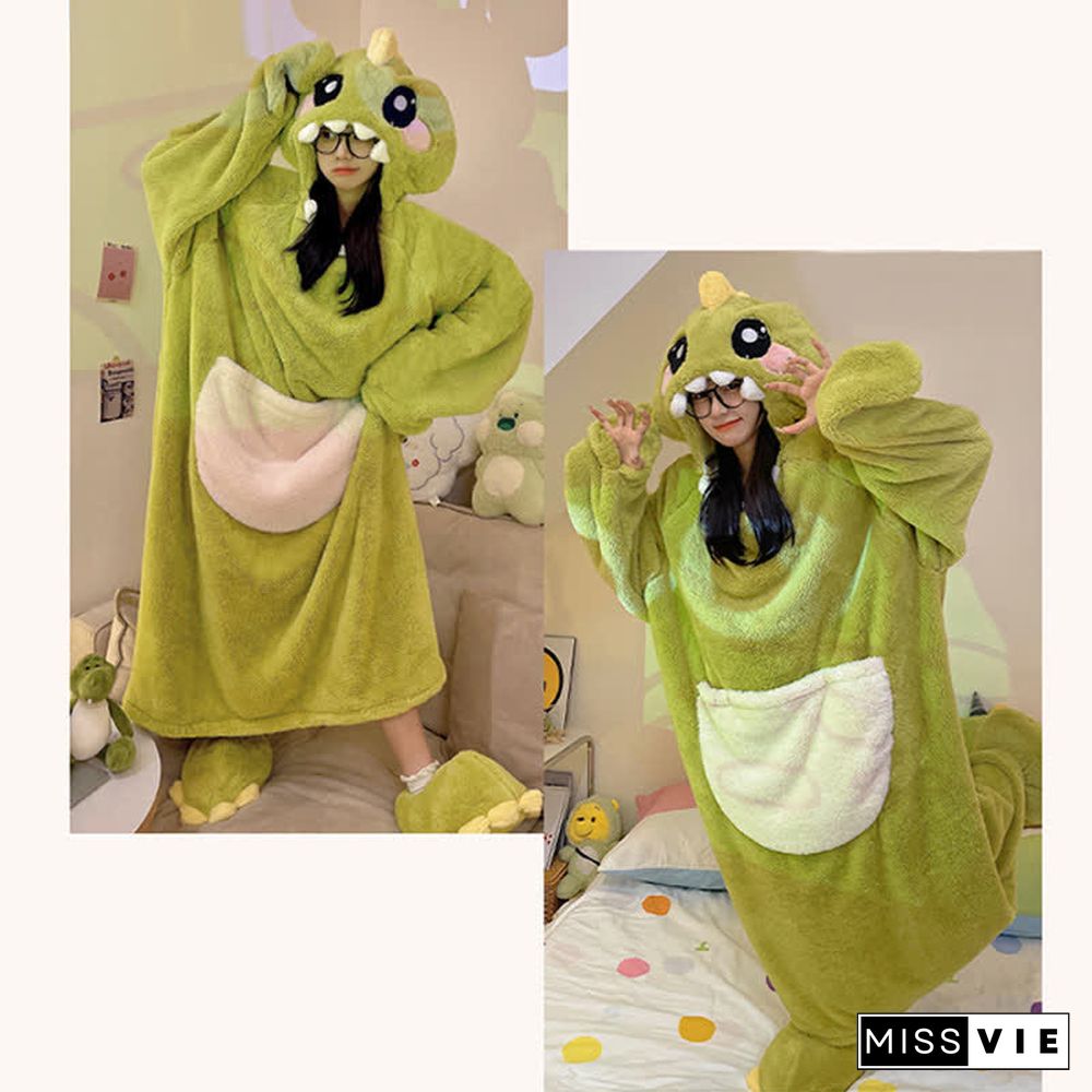 Funny Cartoon Dinosaur Plush Hooded Jumpsuit Pajamas Dress