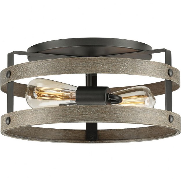 Progress Lighting Gulliver 2 light Flush Mount Ceiling Light Graphite Open cage Design Faux wood Finish