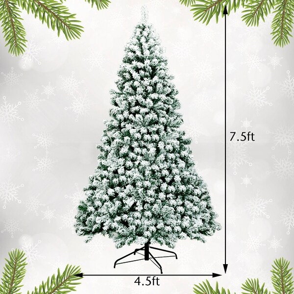 Gymax 7.5ft Prelit Snow Flocked Christmas Tree Hinged Pine Tree