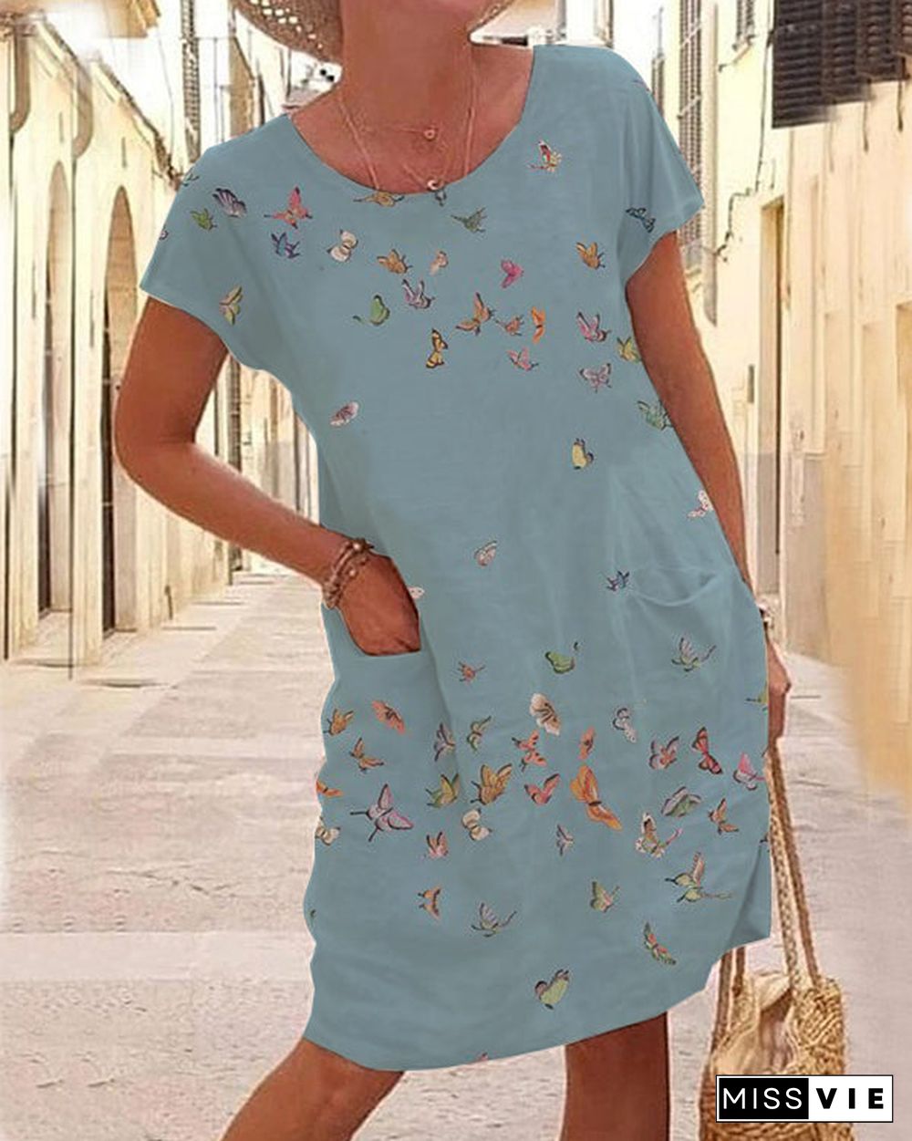 Round Neck Casual Butterfly Print Short Sleeve Knit Dress