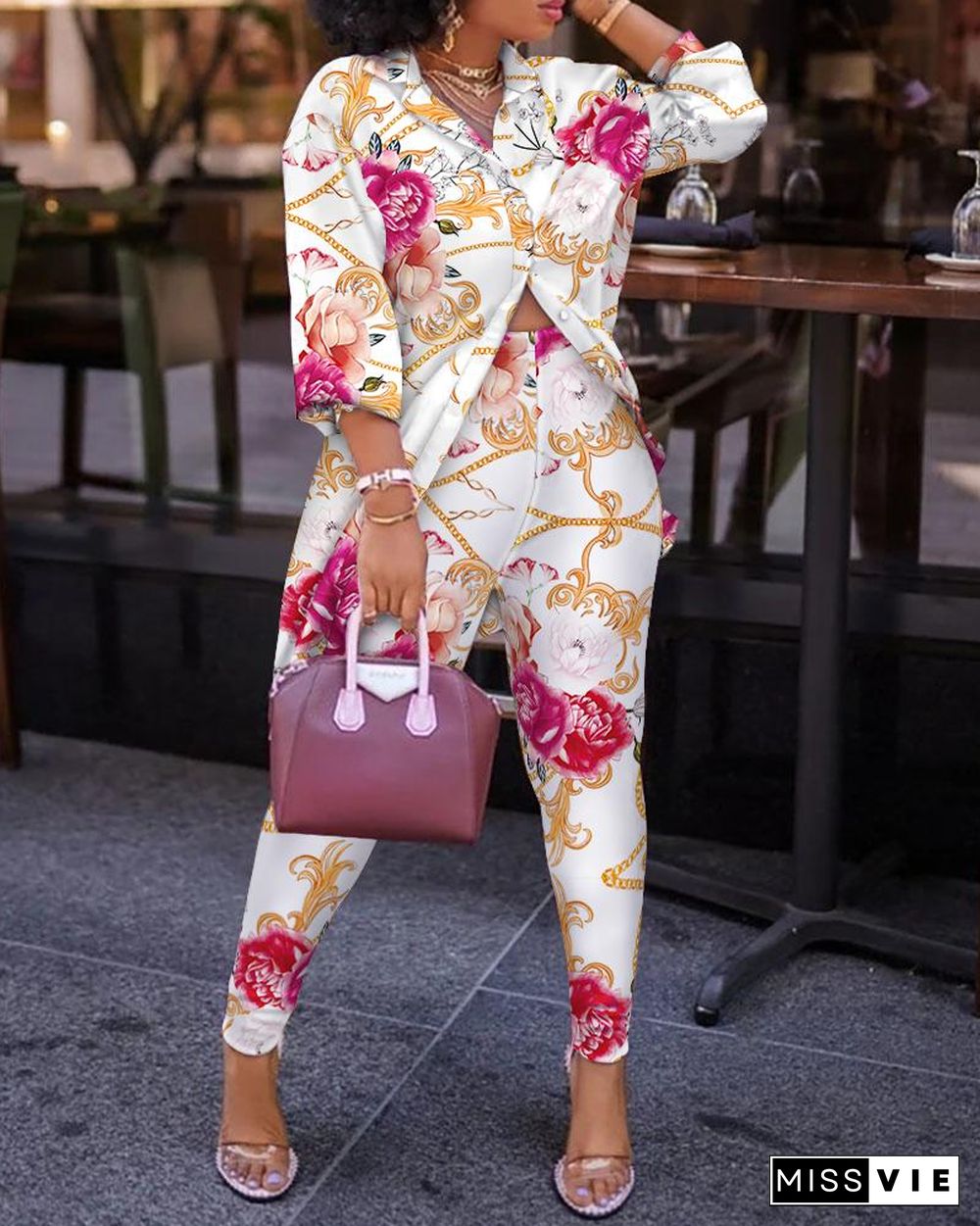 Floral Print Lantern Sleeve Top & High Waist Pants Set