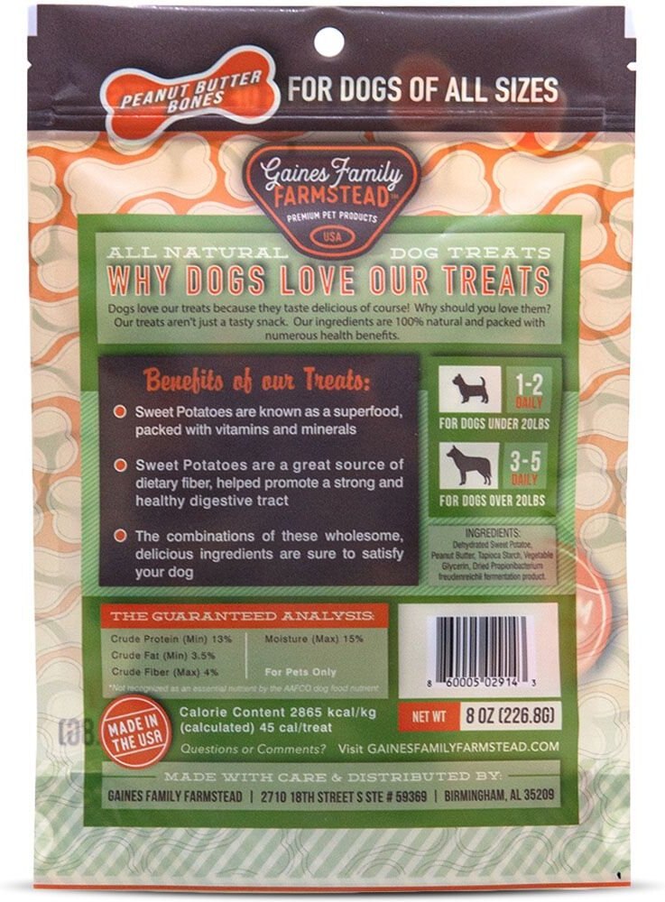 Gaines Family Farmstead Sweet Potato Peanut Butter Topped Bones Grain-Free Dog Treats， 8-oz bag