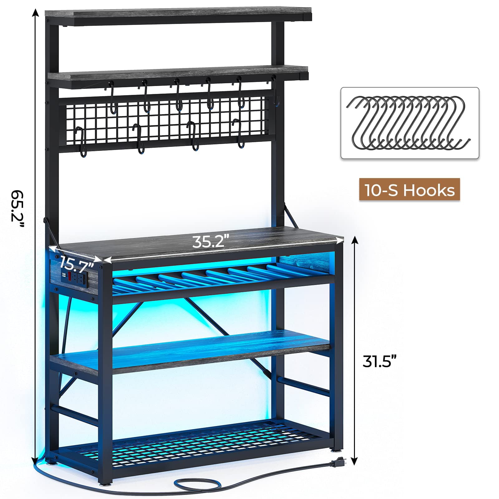 Bakers Rack with Power Outlet and LED Lights， 6-Tier Bakers Racks for Kitchens with Storage，Coffee Bar，Microwave Stand with Wine Rack and10 Hooks，Grey