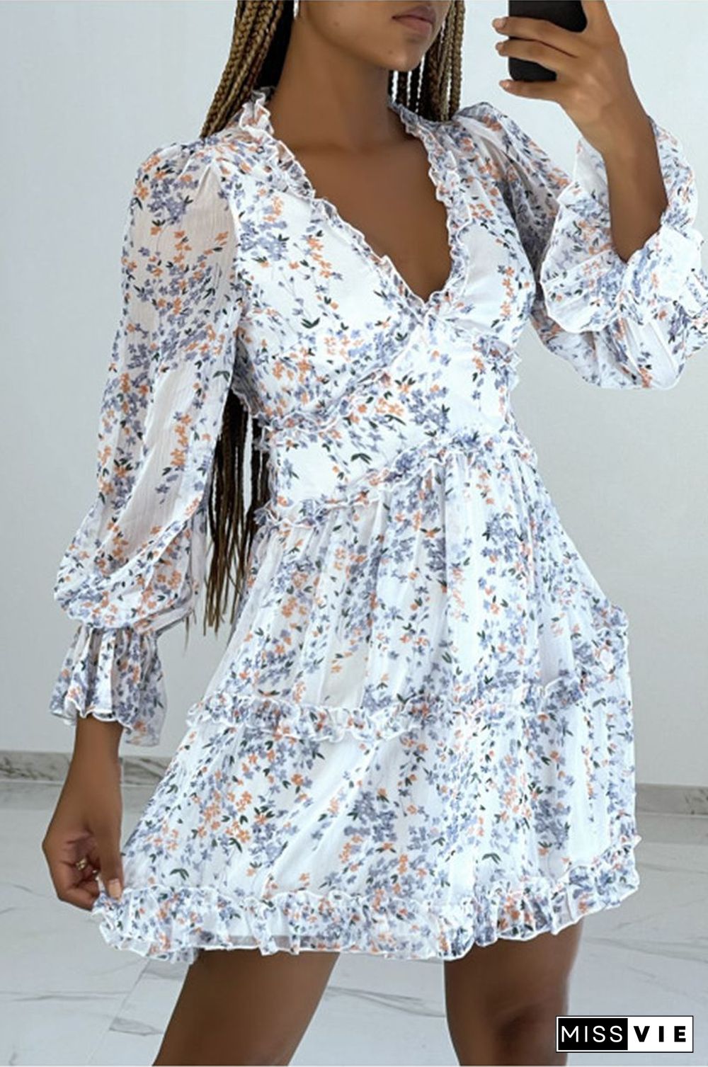 Ditsy Floral Prints Ruffle Edge Tiered Long Sleeve Boho Dress