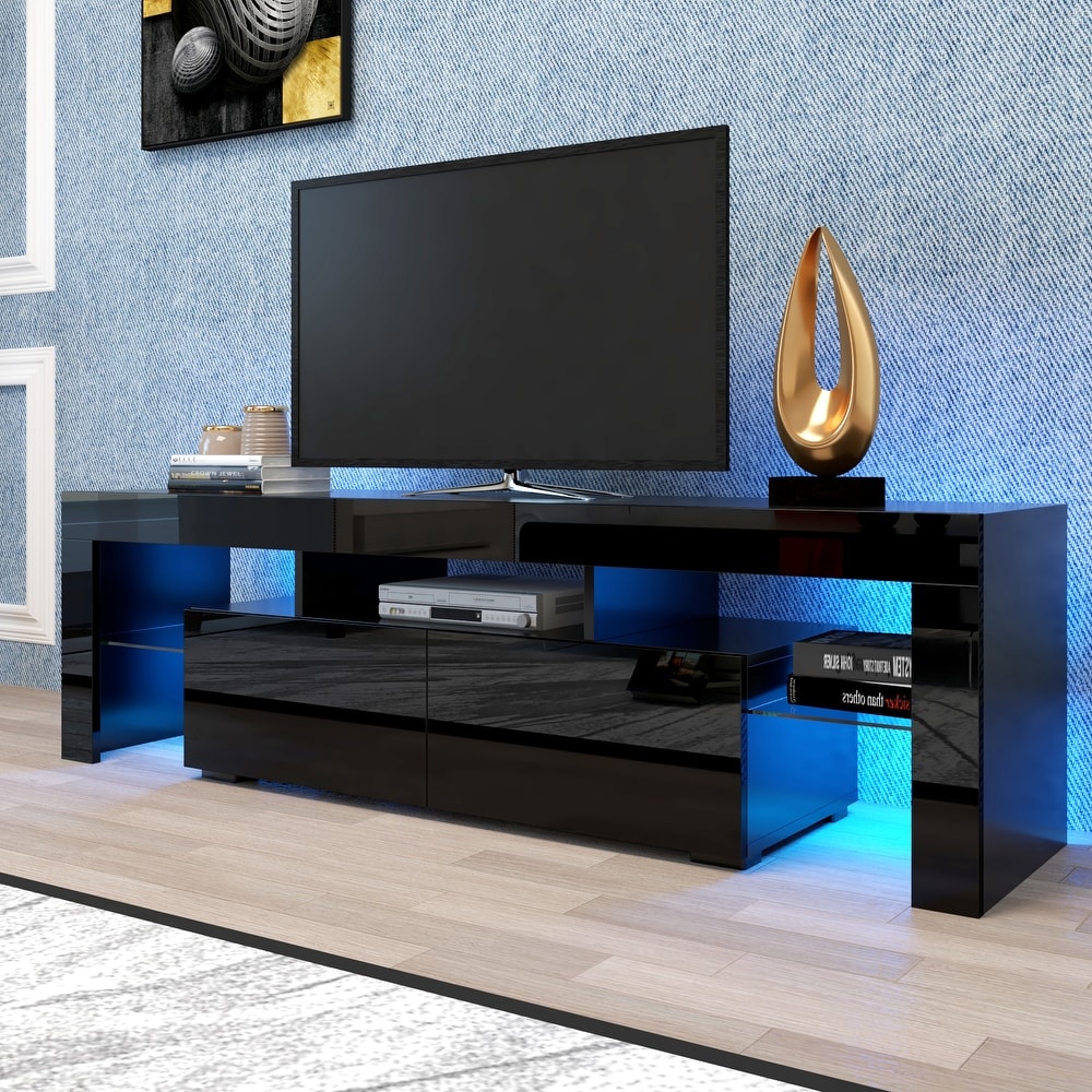 63''L Matt Laminate Finish TV Stand Cabinet with 2 Soft Open Front Storage Doors  20 Colors LED Remote Control (up to 70'')